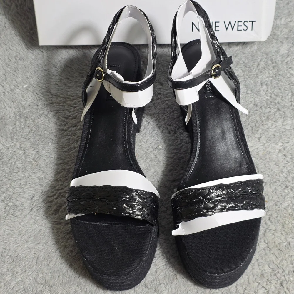 Nine‎ West Womens Black Straw Espadrille Platform Wedge Sandals Size 12M NEW NIB